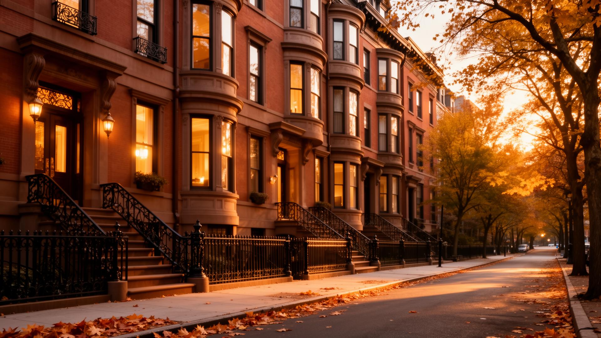 Boston brownstones at golden hour