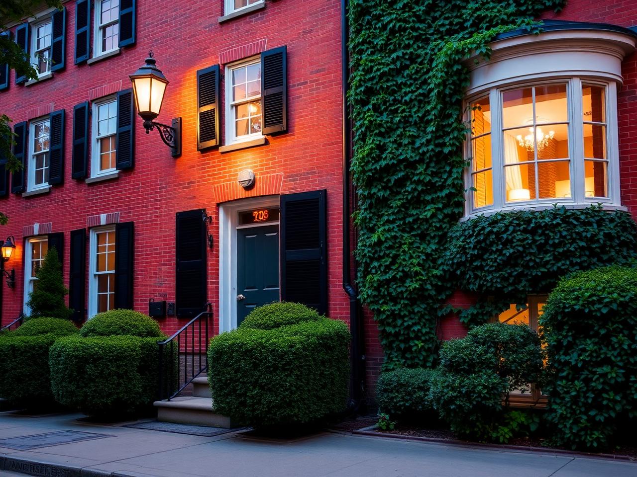 Cambridge brownstone exterior at dusk